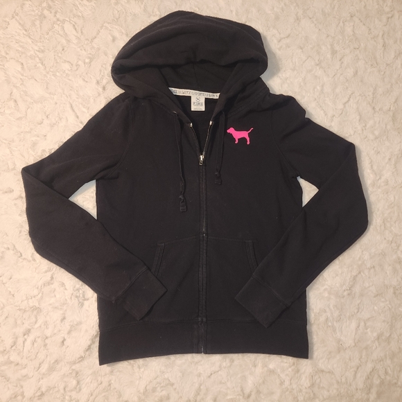Women's Victoria's Secret VS PINK Black Pink Sz Large Sweatshirt Zip Up Hoodie - Picture 2 of 3